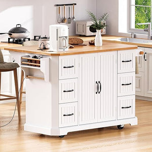 Rolling Kitchen Island with Drop Leaf Countertop & Power Outlets