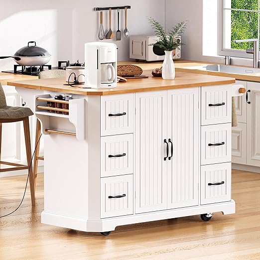 Rolling Kitchen Island with Drop Leaf Countertop & Power Outlets
