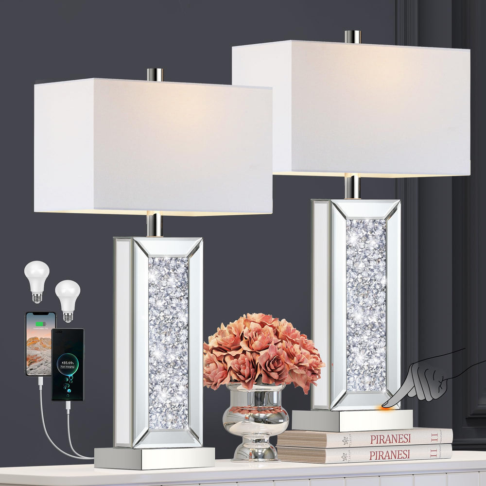 Mirrored Crystal Touch Table Lamps Set of 2 with USB Charging Ports