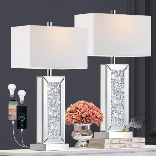 Mirrored Crystal Touch Table Lamps Set of 2 with USB Charging Ports