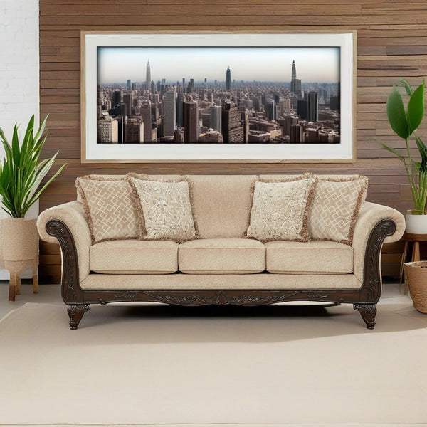 3-Seat Chenille Sofa with Carved Wood Frame
