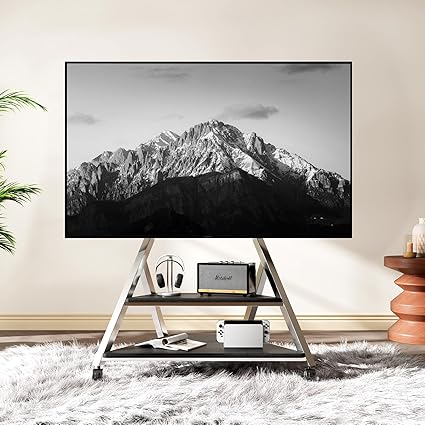 Heavy Duty Mobile TV Stand Rolling TV Cart with Wheels for 32-85 Inch Flat/Curved Led/LCD/OLED Portable Floor TV Stand with Wooden Shelves, Height Adjustable Holds up to 220lbs,Max VESA 600 x400mm