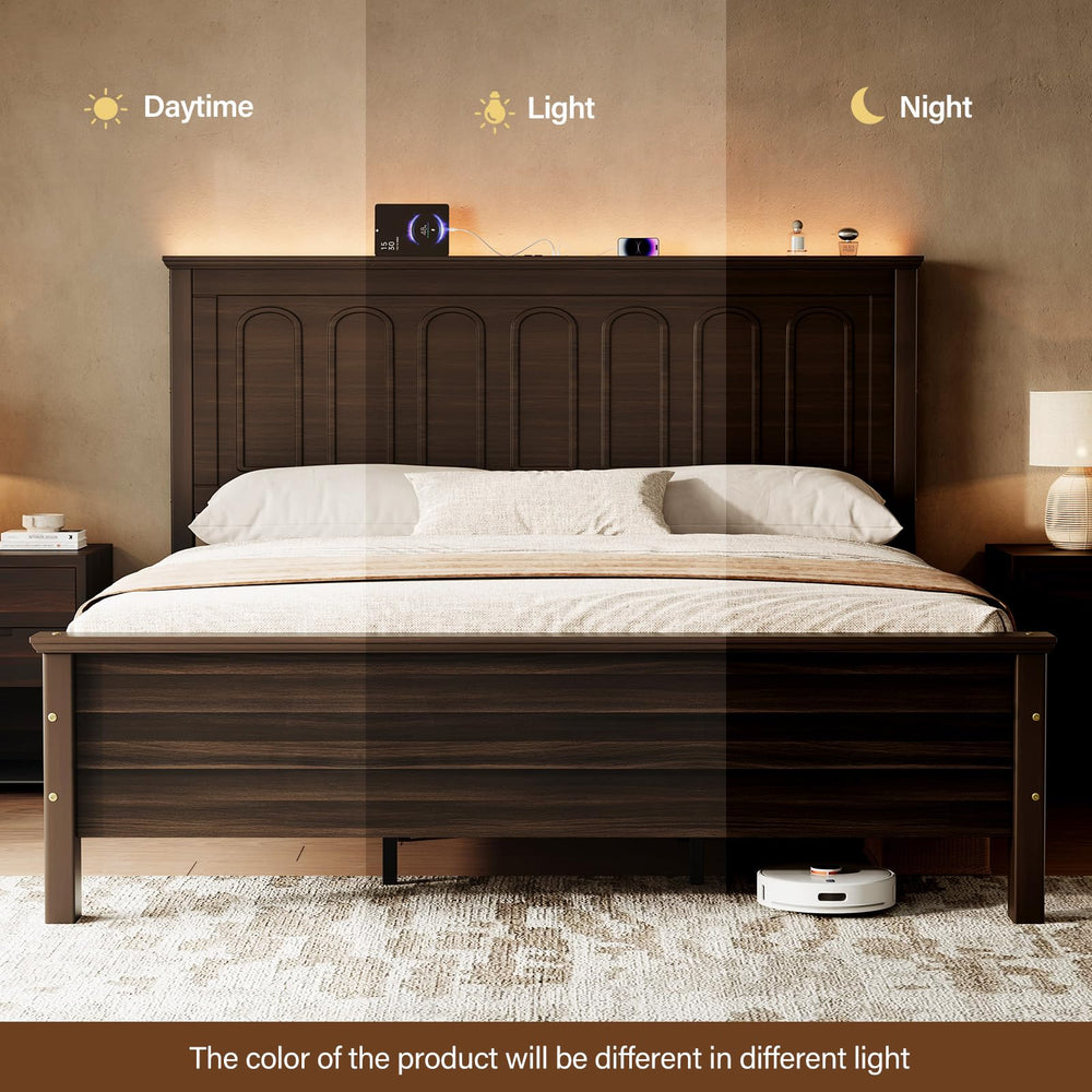 Queen Bed Frame with Headboard, LED Lights & Charging Ports