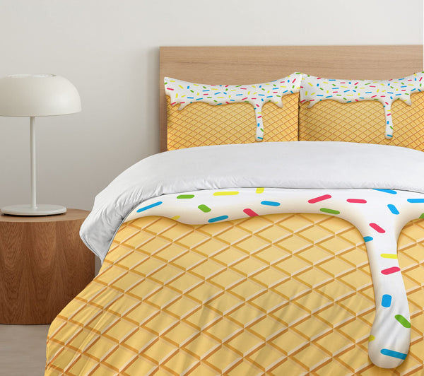 Queen Duvet Cover Set – Ice Cream Cartoon Print, 3-Piece Bedding Set