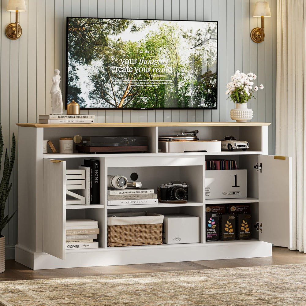 Mid-Century TV Stand with Fluted Door Cabinets