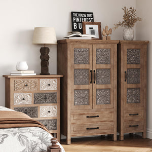 Boho Wood Accent Cabinet with Hand-Carved Drawers – Fully Assembled