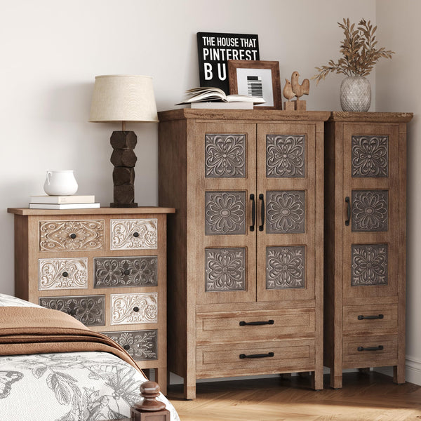 Boho Wood Accent Cabinet with Hand-Carved Drawers – Fully Assembled