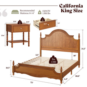3-Piece Solid Wood California King Bedroom Set with Arched Headboard & Nightstands