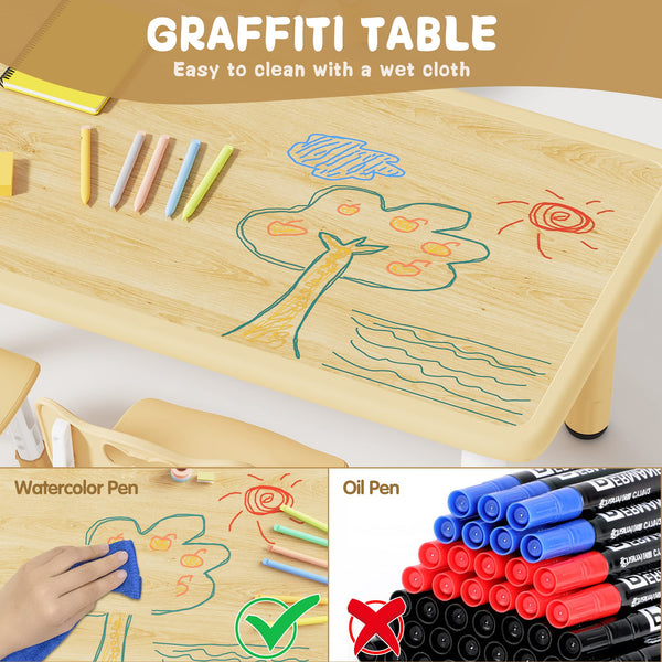 Kids Height-Adjustable Table and 4 Chairs Set with Graffiti Desktop