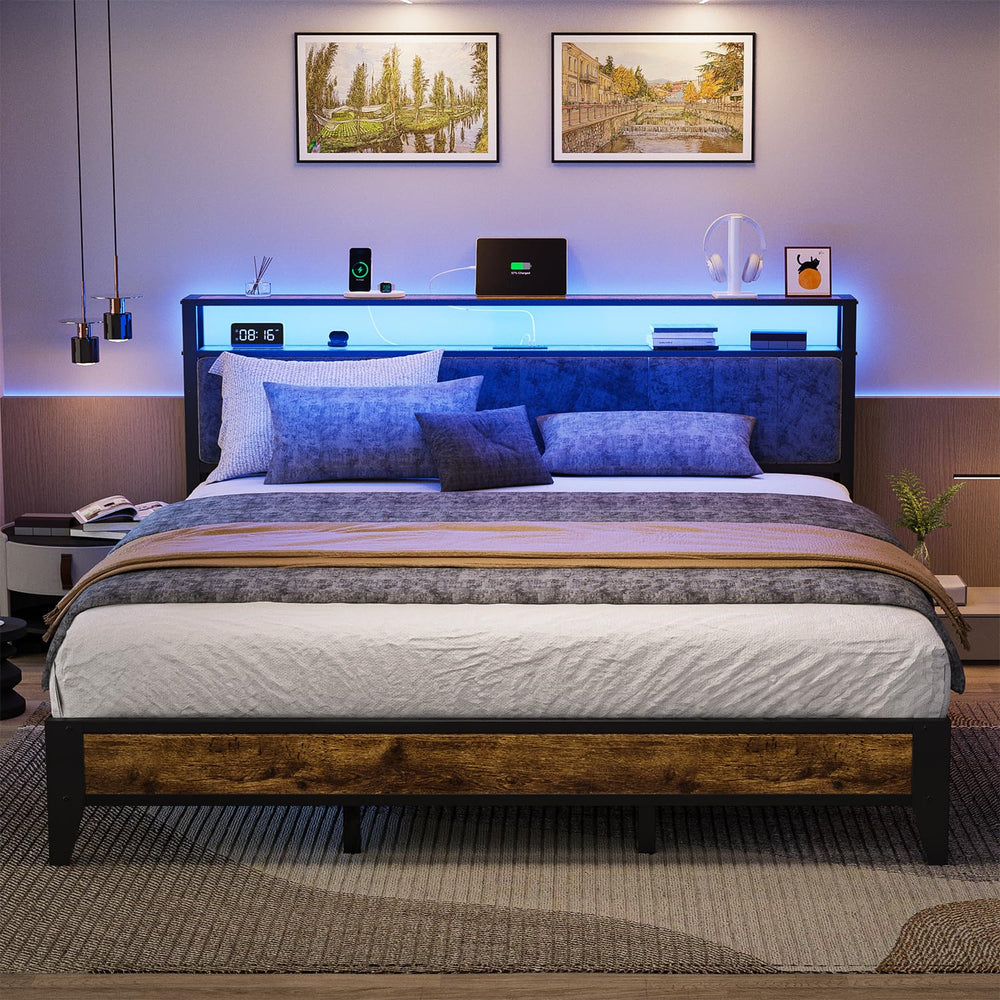 King Bed Frame with LED Headboard & Charging Station