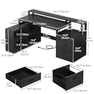 L-Shaped Desk with Drawers, LED Lights & Power Outlets