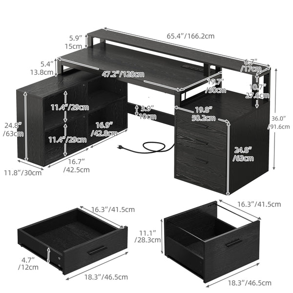 L-Shaped Desk with Drawers, LED Lights & Power Outlets