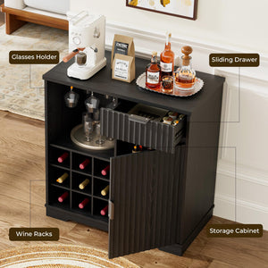 Fluted Coffee Bar Cabinet with Glass Holder & Wine Rack – Black