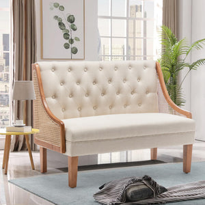 Mid-Century Modern Settee Loveseat with Rattan Arms & Tufted Linen Back