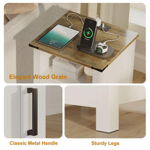 Farmhouse Nightstand Set of 2 with Charging Station & Storage
