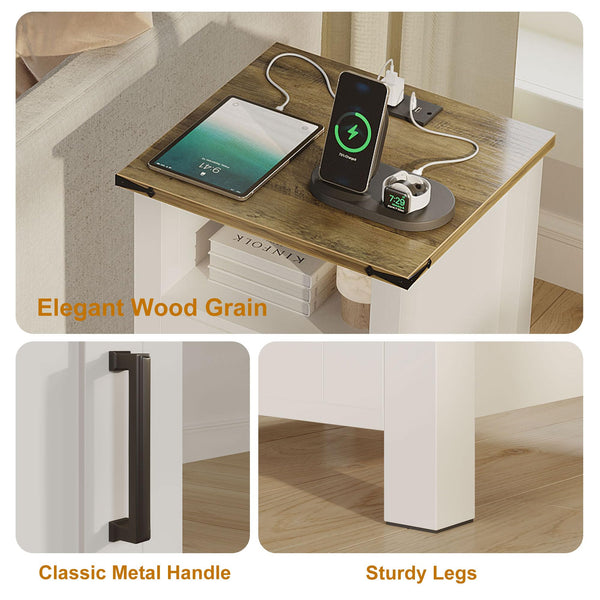 Farmhouse Nightstand Set of 2 with Charging Station & Storage