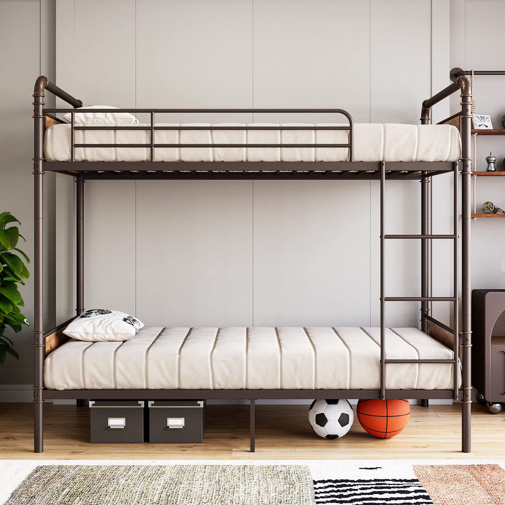 Twin Over Twin Metal Bunk Bed with Safety Guardrail