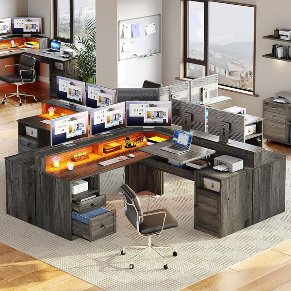 L-Shaped Computer Desk with Power Outlets, LED Lights & Lift Top – 60" Corner Desk with Drawers, Monitor Stand & File Cabinet