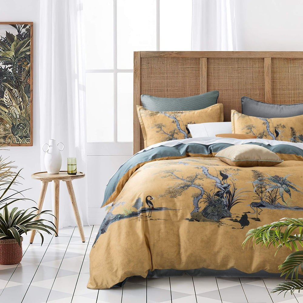 Chinoiserie Chic Duvet Cover Set — Botanical Print, 400TC Cotton Sateen (Ocher Shade, Queen)