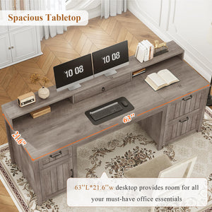 63" Farmhouse Executive Desk with Drawers, Storage Cabinet & Monitor Stand