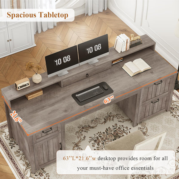 63" Farmhouse Executive Desk with Drawers, Storage Cabinet & Monitor Stand