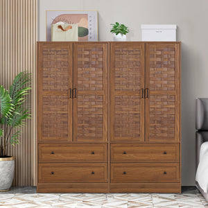 Armoire Wardrobe Closet with Woven Doors, Drawers & Hanging Rail