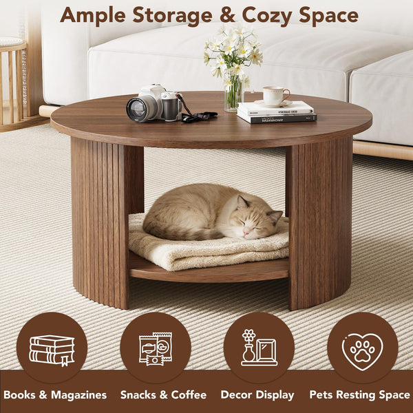 Round Coffee Table with Storage Shelf & Fluted Design