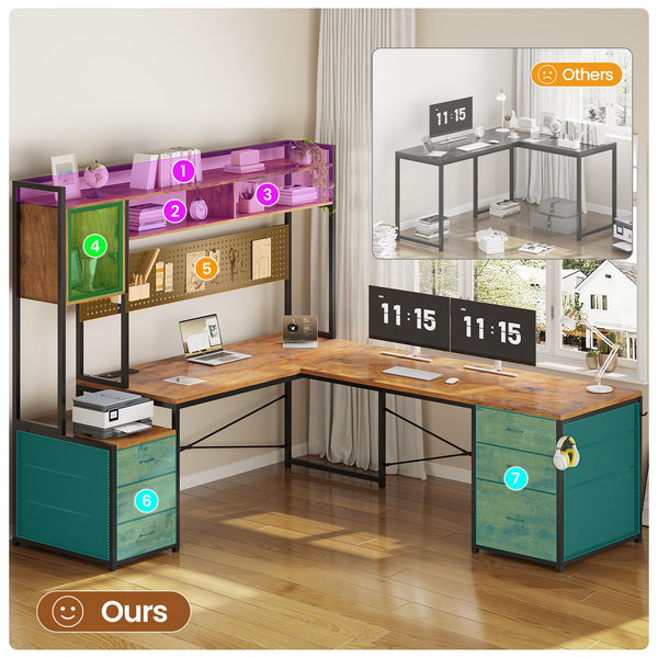 L-Shaped Gaming Desk with Drawers, Hutch & LED Lights