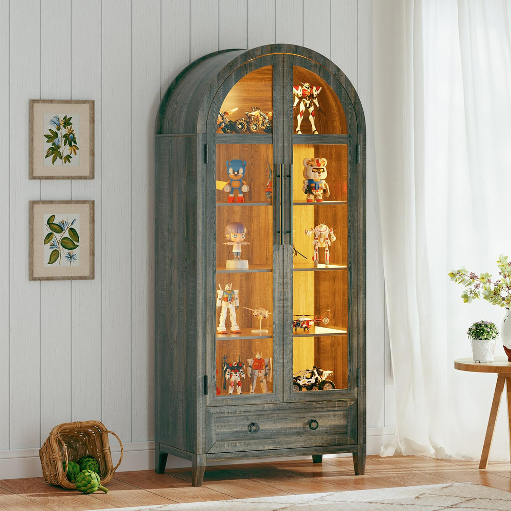 Arch Display Cabinet with Glass Doors, LED Lights & Drawer – 73" Tall