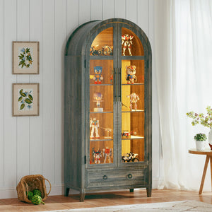 Arch Display Cabinet with Glass Doors, LED Lights & Drawer – 73" Tall
