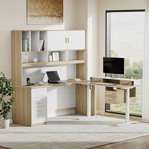 Electric Standing Desk & Executive Desk Set with Hutch & Drawers