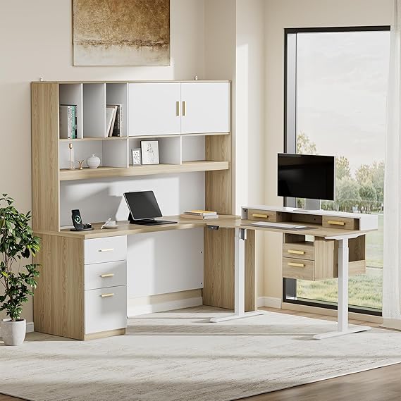 Electric Standing Desk & Executive Desk Set with Hutch & Drawers
