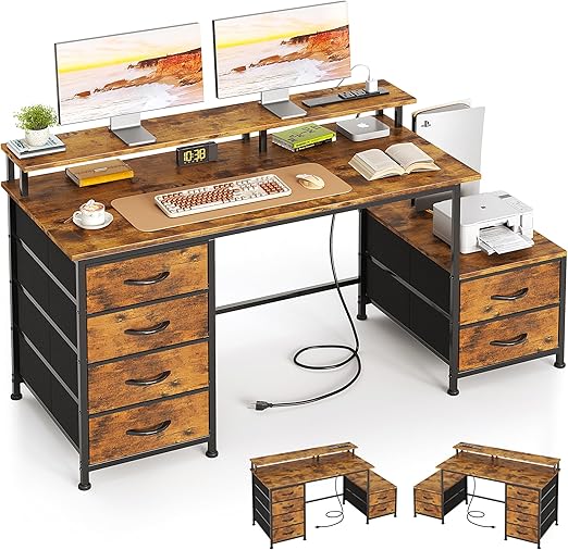 52-Inch Home Office Desk with Drawers, Printer Shelf & Power Outlets