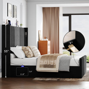 Wingback Velvet Platform Bed with Reading Lights & Charging Station