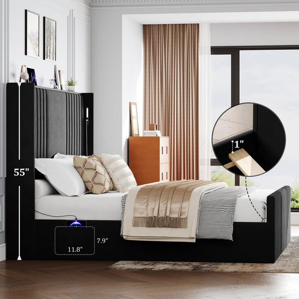 Wingback Velvet Platform Bed with Reading Lights & Charging Station