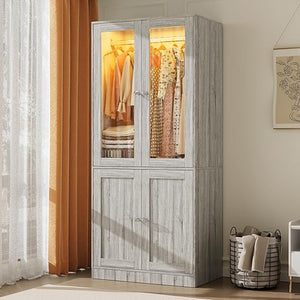 Wardrobe Closet with Glass Doors, LED Lighting & Drawers