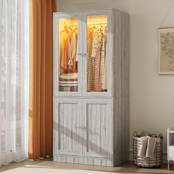 Wardrobe Closet with Glass Doors, LED Lighting & Drawers