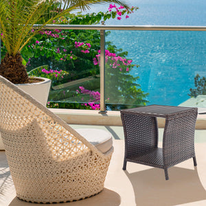 Outdoor Wicker Patio Side Table with Storage – 2-Layer PE Rattan End Table