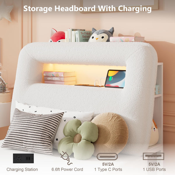 Twin Platform Bed Frame with LED Light, Charging Station, Storage Headboard & Drawer