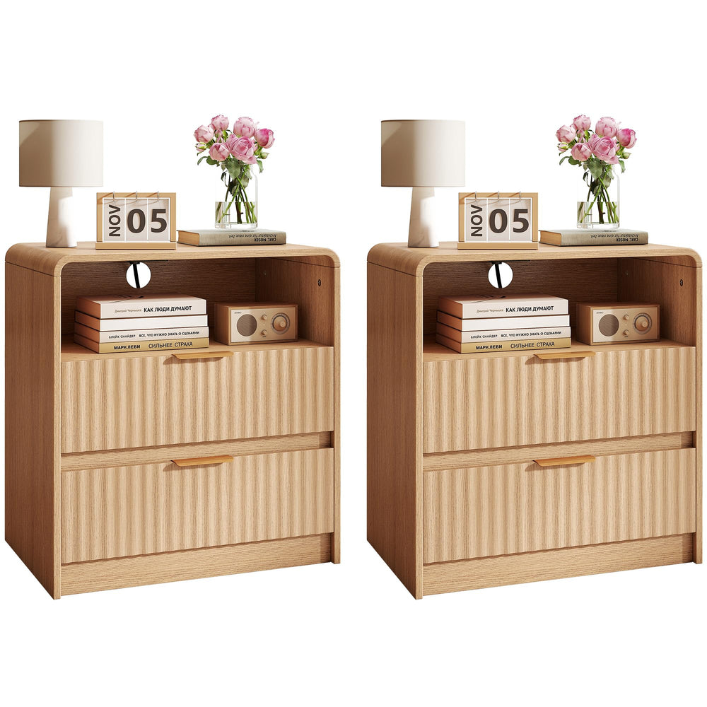 Fluted Nightstand Set of 2 with Charging Station