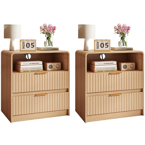 Fluted Nightstand Set of 2 with Charging Station
