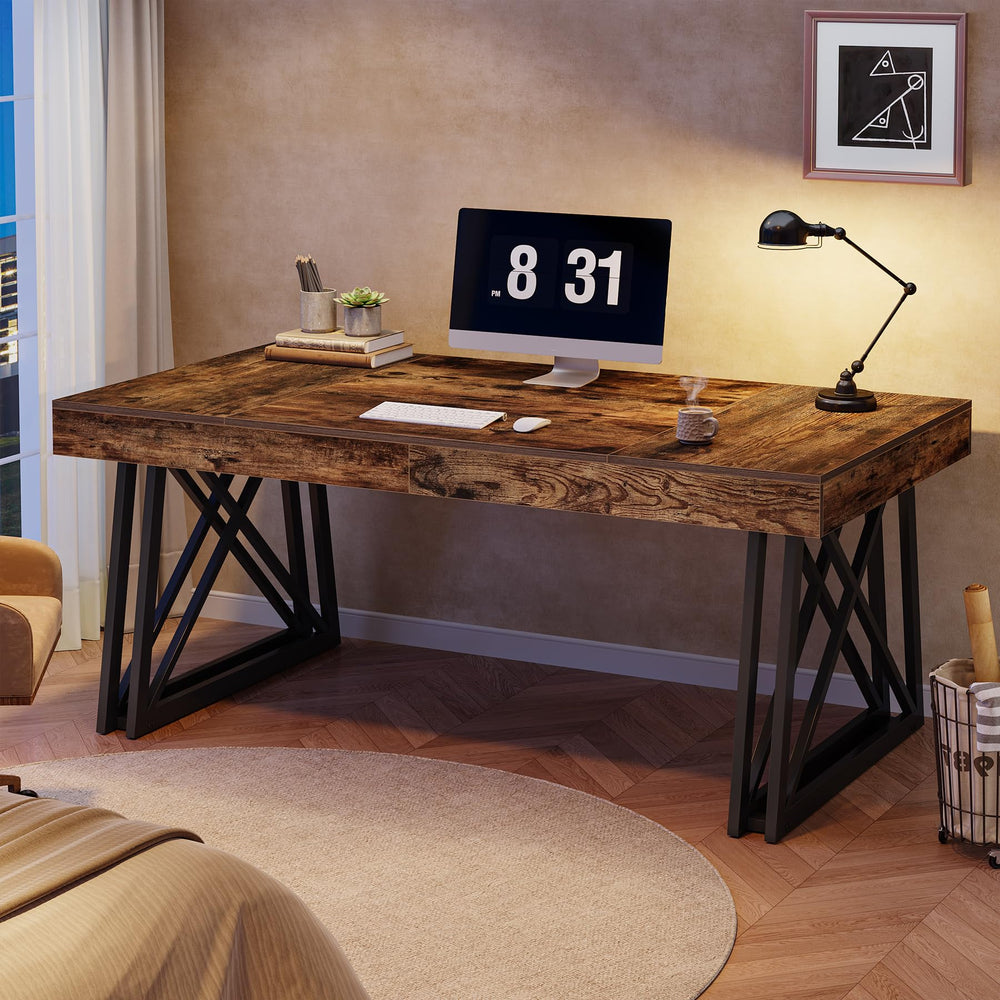 63-Inch Farmhouse Executive Desk with X-Shaped Metal Legs