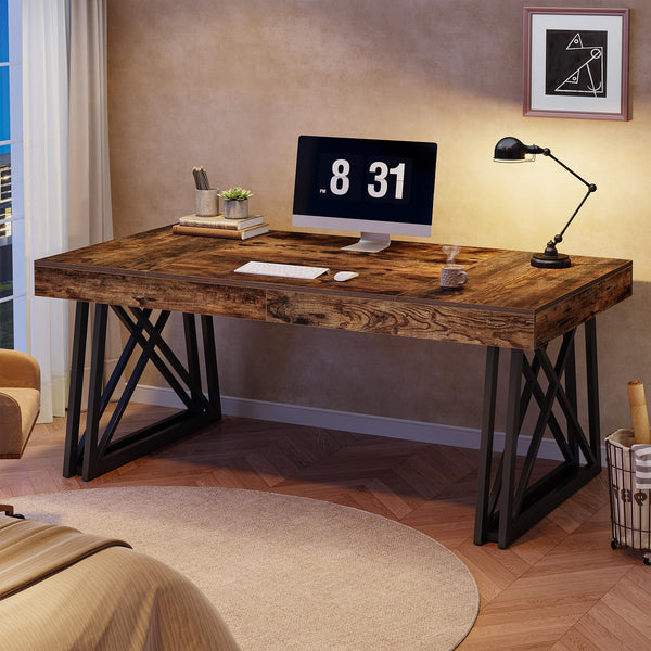63-Inch Farmhouse Executive Desk with X-Shaped Metal Legs