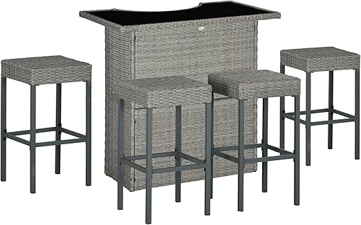 5-Piece Outdoor Rattan Wicker Bar Set with High Top Table and 4 Bar Stools