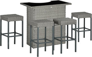 5-Piece Outdoor Rattan Wicker Bar Set with Glass Table & 4 Bar Stools