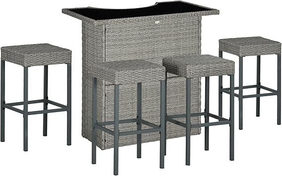 5-Piece Outdoor Rattan Wicker Bar Set with Glass Table & 4 Bar Stools