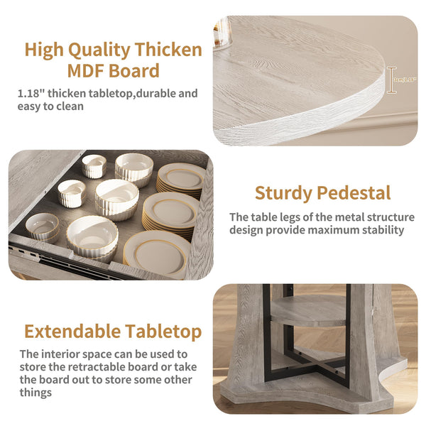 43.3''-59'' Round Extendable Dining Table for 4-6, Modern Kitchen Extendable Dining Room Table with 2-Tier Storage Shelves, Round Oval Dinner Table with Storage for Kitchen Living Room
