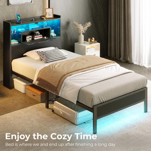 Platform Bed Frame with Storage Headboard, LED Lights & Charging Station
