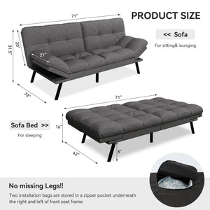 Convertible Futon Sofa Bed – Light Grey Linen