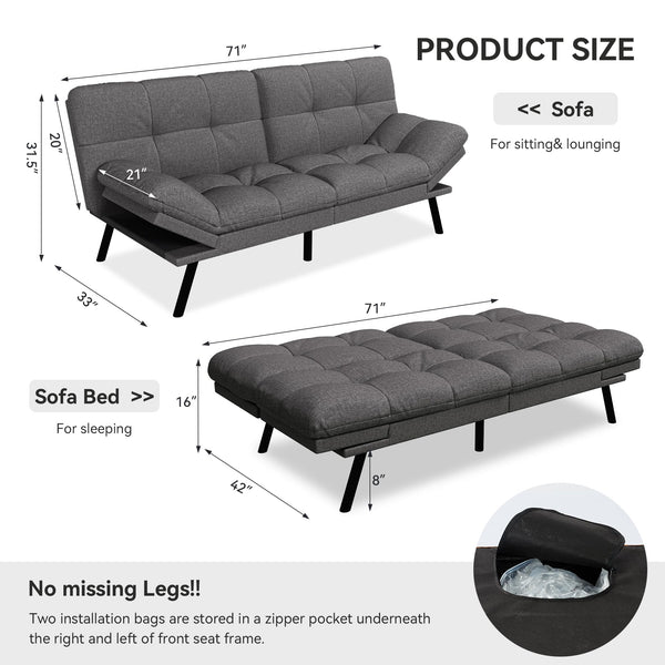 Convertible Futon Sofa Bed – Light Grey Linen